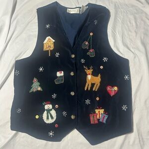 Womens Christmas Vest Vintage Velvet Sz L Patches Button Front Casual Corner